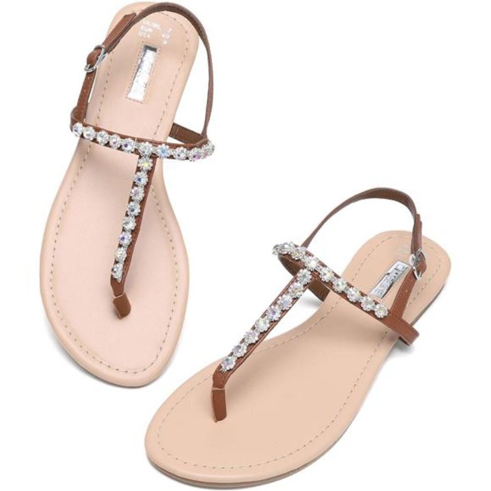 Women's Thong Sandals T-Strap Flat Rhinestone Bohemia Adjustable Casual Slip On